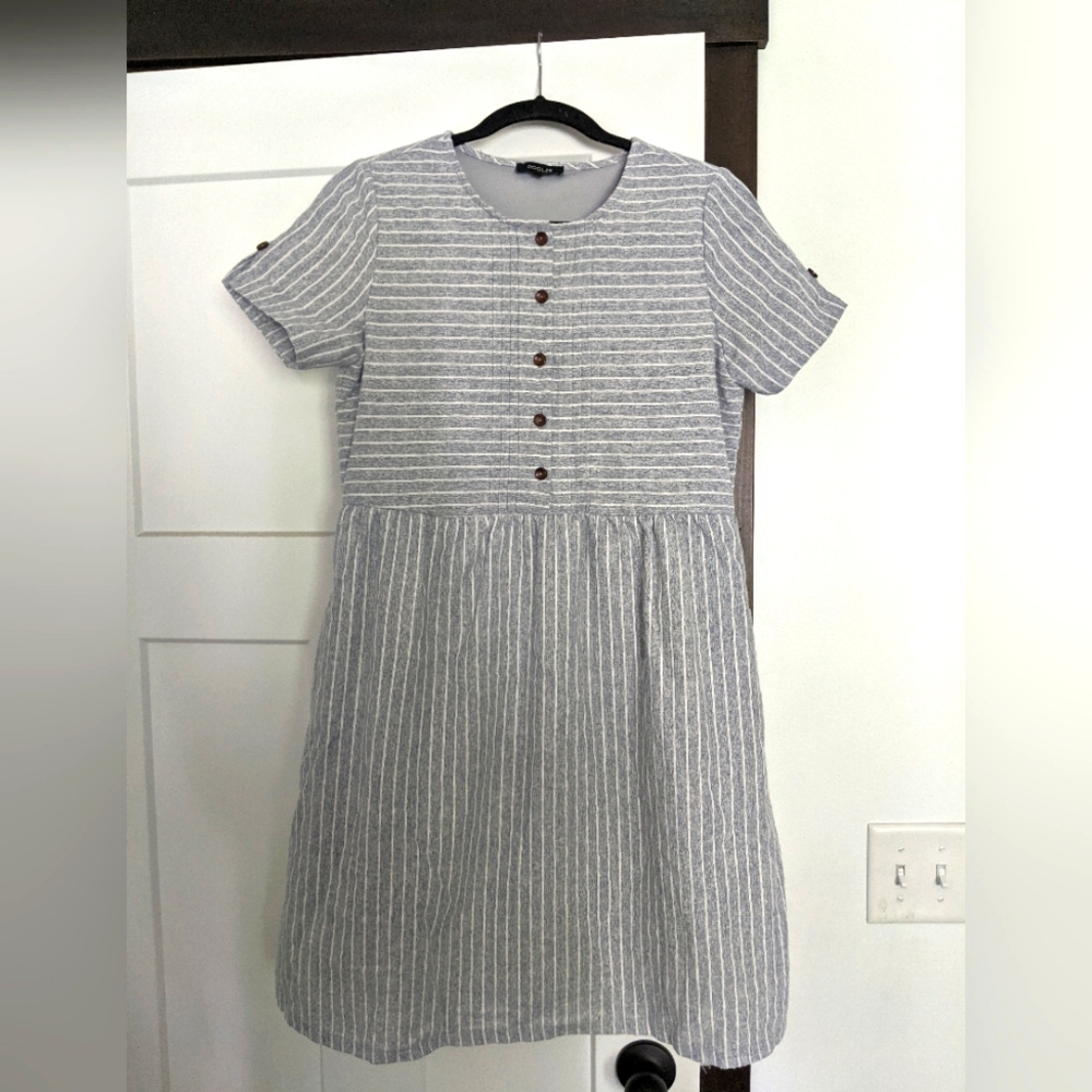 Roolee Women's Button Up Dress, Grey Stripe, Size S
